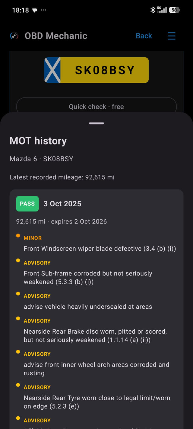 MOT history for a Mazda 6: a pass with mileage, expiry date and advisories colour-coded by severity