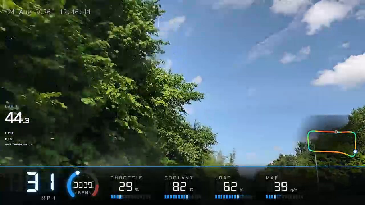 A frame from an exported lap clip: road footage, the lap timer, a track map in the corner and a strip of live dials along the bottom